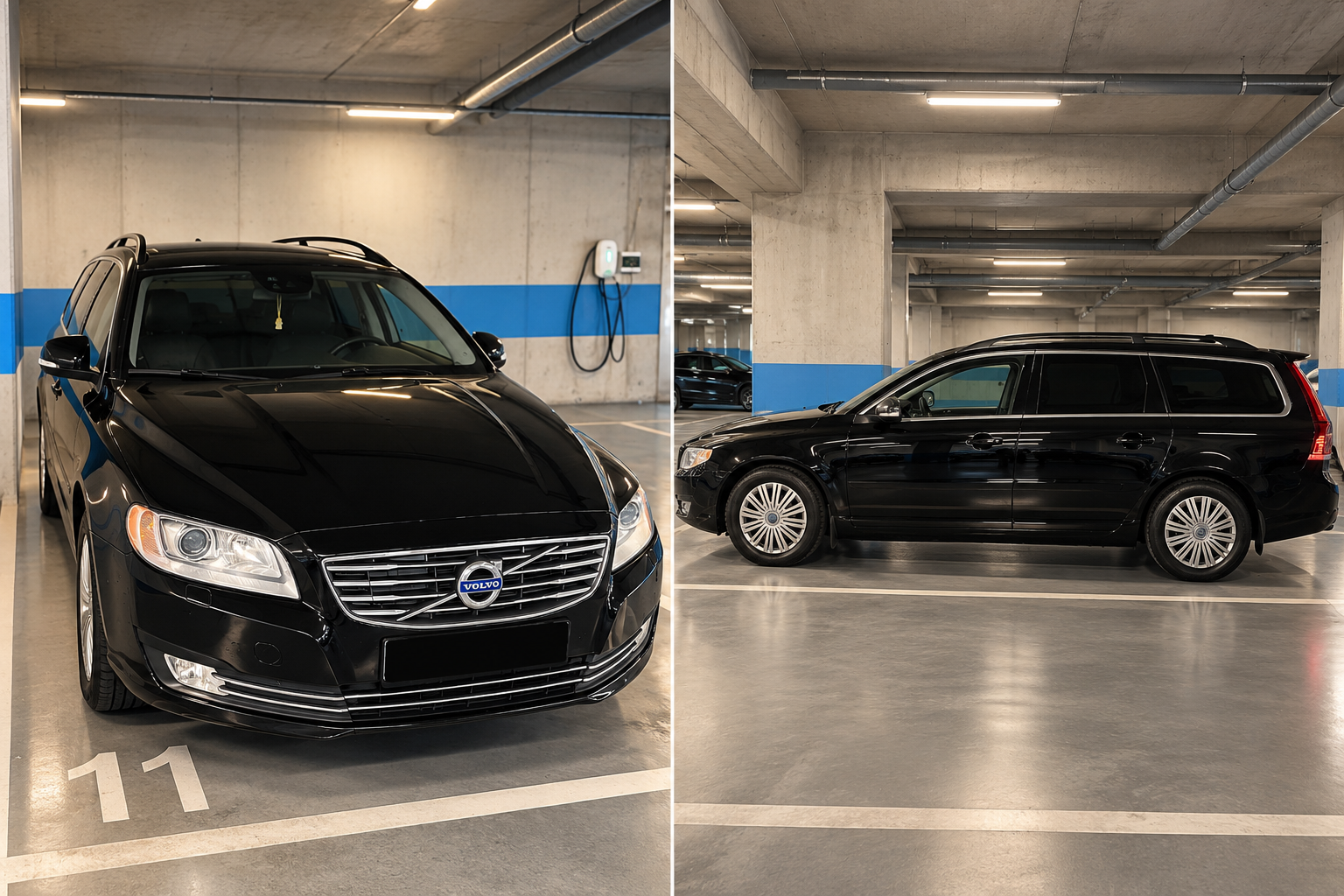 Black Volvo V70 2016 automatic rental car in a parking garage, front and side view, car hire Tirana, Albania