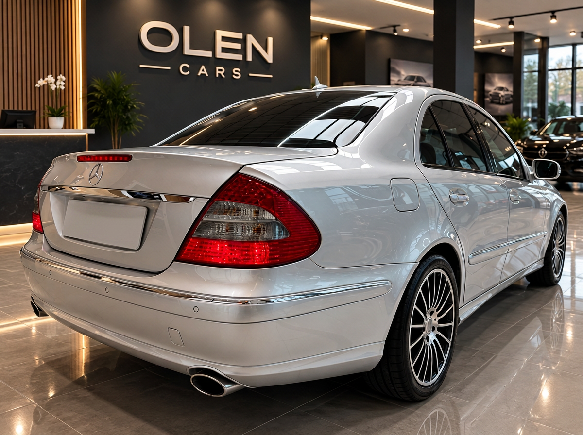 Rear three-quarter view of the silver Mercedes-Benz E-Class W211 in the showroom
